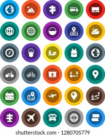 White Solid Icon Set- camping cauldron vector, backpack, compass, school bus, world, bike, signpost, navigator, earth, map pin, Railway carriage, plane, ship, route, globe, mountain