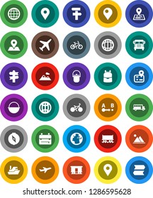 White Solid Icon Set- camping cauldron vector, backpack, compass, school bus, world, bike, signpost, navigator, earth, map pin, Railway carriage, plane, ship, route, globe, mountain