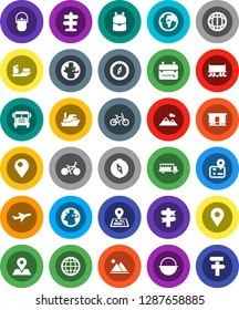 White Solid Icon Set- camping cauldron vector, backpack, compass, school bus, world, bike, signpost, navigator, earth, map pin, Railway carriage, plane, ship, globe, mountain