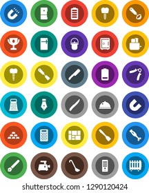 White Solid Icon Set- camping cauldron vector, spatula, ladle, knife, grater, toaster, blender, dish, pen, award cup, magnet, safe, gold ingot, hand trainer, consolidated cargo, battery, fridge