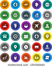 White Solid Icon Set- camping cauldron vector, backpack, compass, school bus, world, bike, signpost, navigator, earth, map pin, Railway carriage, plane, ship, route, globe, mountain