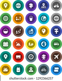 White Solid Icon Set- camping cauldron vector, backpack, compass, school bus, world, bike, signpost, navigator, earth, map pin, Railway carriage, plane, ship, route, globe, mountain
