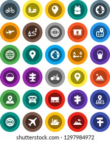 White Solid Icon Set- camping cauldron vector, backpack, school bus, world, bike, signpost, navigator, earth, map pin, Railway carriage, plane, ship, route, globe, mountain
