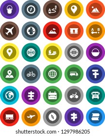 White Solid Icon Set- camping cauldron vector, backpack, compass, school bus, world, bike, signpost, earth, map pin, Railway carriage, plane, ship, route, globe, mountain