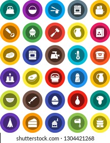 White Solid Icon Set- camping cauldron vector, kettle, oil, colander, towel, cook timer, press, ladle, meat hammer, hand mill, mixer, toaster, oven, spices, thermometer, bbq, jug, cereal, mushroom