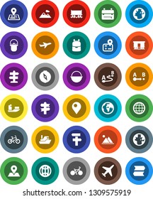 White Solid Icon Set- camping cauldron vector, backpack, compass, world, bike, signpost, navigator, earth, map pin, Railway carriage, plane, ship, route, globe, mountain