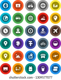 White Solid Icon Set- camping cauldron vector, backpack, compass, school bus, world, bike, signpost, navigator, earth, map pin, Railway carriage, plane, ship, route, globe, mountain