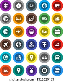 White Solid Icon Set- camping cauldron vector, backpack, compass, school bus, world, bike, signpost, navigator, earth, map pin, Railway carriage, plane, ship, route, globe, mountain