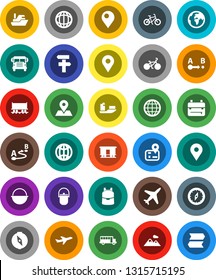 White Solid Icon Set- camping cauldron vector, backpack, compass, school bus, world, bike, navigator, earth, map pin, Railway carriage, plane, ship, route, globe, mountain, signpost