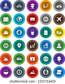 White Solid Icon Set- camping cauldron vector, backpack, compass, school bus, world, bike, signpost, navigator, earth, map pin, Railway carriage, plane, ship, route, globe, mountain