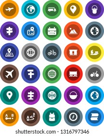 White Solid Icon Set- camping cauldron vector, backpack, compass, school bus, world, bike, signpost, navigator, earth, map pin, Railway carriage, plane, ship, route, globe, mountain