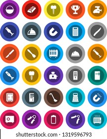 White Solid Icon Set- camping cauldron vector, spatula, ladle, knife, grater, blender, dish, award cup, magnet, gold ingot, safe, hand trainer, battery, scalpel, tooth implant, fridge, meat grinder