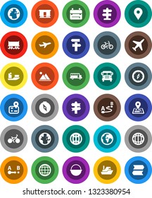 White Solid Icon Set- camping cauldron vector, backpack, compass, school bus, world, bike, signpost, navigator, earth, map pin, Railway carriage, plane, ship, route, globe, mountain