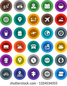 White Solid Icon Set- camping cauldron vector, backpack, compass, school bus, world, bike, signpost, navigator, earth, map pin, Railway carriage, plane, ship, route, globe, mountain