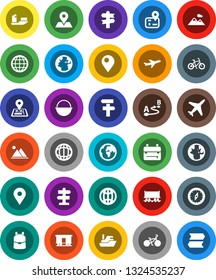 White Solid Icon Set- camping cauldron vector, backpack, compass, world, bike, signpost, navigator, earth, map pin, Railway carriage, plane, ship, route, globe, mountain