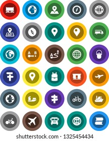 White Solid Icon Set- camping cauldron vector, backpack, compass, school bus, world, bike, signpost, navigator, earth, map pin, Railway carriage, plane, ship, route, globe