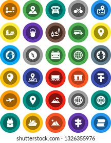 White Solid Icon Set- camping cauldron vector, backpack, compass, school bus, world, bike, signpost, navigator, earth, map pin, Railway carriage, plane, ship, route, globe, mountain