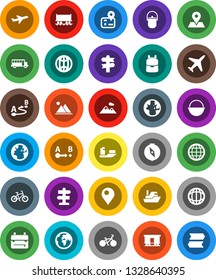 White Solid Icon Set- camping cauldron vector, backpack, compass, school bus, world, bike, signpost, navigator, earth, map pin, Railway carriage, plane, ship, route, globe, mountain