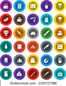 White Solid Icon Set- camping cauldron vector, knife, grater, toaster, dish, pen, award cup, magnet, gold ingot, safe, hand trainer, consolidated cargo, battery, scalpel, tooth implant, fridge