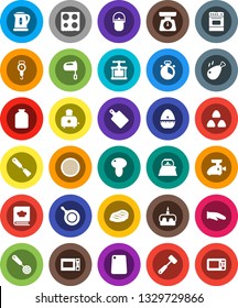 White Solid Icon Set- camping cauldron vector, pan, kettle, scales, cook glove, timer, press, skimmer, spatula, meat hammer, cutting board, mixer, toaster, microwave oven, cookbook, sieve, jar, cake