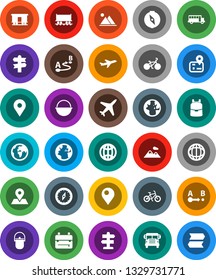 White Solid Icon Set- camping cauldron vector, backpack, compass, school bus, world, bike, signpost, navigator, earth, map pin, Railway carriage, plane, route, globe, mountain