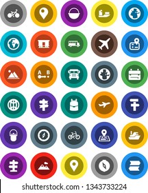 White Solid Icon Set- camping cauldron vector, backpack, compass, school bus, world, bike, signpost, navigator, earth, plane, ship, route, Railway carriage, globe, pin, mountain