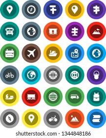White Solid Icon Set- camping cauldron vector, backpack, compass, school bus, world, bike, signpost, navigator, earth, map pin, Railway carriage, plane, ship, globe, mountain
