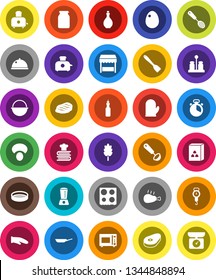 White Solid Icon Set- camping cauldron vector, pan, oil, scales, cook glove, timer, skimmer, spatula, ladle, toaster, microwave oven, cookbook, spices, sieve, dish, jar, cereal, egg, mushroom, steak