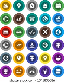 White Solid Icon Set- camping cauldron vector, backpack, compass, school bus, world, bike, signpost, navigator, earth, map pin, Railway carriage, plane, ship, route, globe
