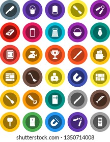 White Solid Icon Set- camping cauldron vector, spatula, ladle, knife, grater, toaster, pen, award cup, magnet, gold ingot, safe, hand trainer, consolidated cargo, battery, scalpel, tooth implant