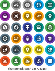 White Solid Icon Set- camping cauldron vector, backpack, compass, school bus, world, bike, signpost, navigator, earth, map pin, plane, ship, route, globe, mountain