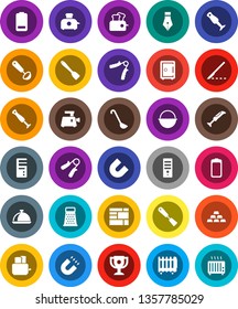 White Solid Icon Set- camping cauldron vector, spatula, ladle, grater, toaster, blender, dish, pen, award cup, magnet, safe, gold ingot, hand trainer, consolidated cargo, battery, scalpel, computer