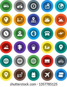White Solid Icon Set- camping cauldron vector, backpack, compass, school bus, world, bike, signpost, navigator, earth, map pin, Railway carriage, plane, ship, route, globe, mountain