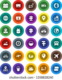 White Solid Icon Set- camping cauldron vector, backpack, compass, school bus, bike, signpost, navigator, earth, map pin, Railway carriage, plane, ship, route, globe, mountain