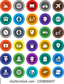 White Solid Icon Set- camping cauldron vector, backpack, compass, school bus, world, bike, signpost, navigator, earth, map pin, Railway carriage, plane, ship, route, globe, mountain