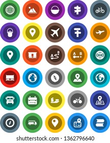 White Solid Icon Set- camping cauldron vector, backpack, compass, school bus, bike, signpost, navigator, earth, map pin, Railway carriage, plane, ship, route, globe, mountain