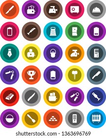 White Solid Icon Set- camping cauldron vector, spatula, knife, grater, toaster, blender, dish, pen, award cup, gold ingot, safe, hand trainer, battery, scalpel, tooth implant, fridge, meat grinder