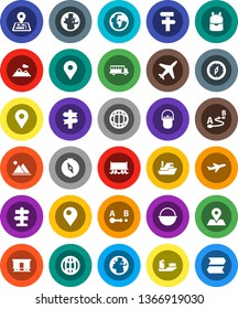 White Solid Icon Set- camping cauldron vector, backpack, compass, school bus, world, signpost, navigator, earth, map pin, Railway carriage, plane, ship, route, globe, mountain