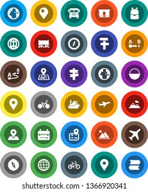 White Solid Icon Set- camping cauldron vector, backpack, compass, school bus, world, bike, signpost, navigator, earth, map pin, Railway carriage, plane, ship, route, globe, mountain