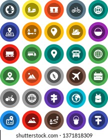 White Solid Icon Set- camping cauldron vector, backpack, compass, school bus, world, bike, signpost, navigator, earth, map pin, Railway carriage, plane, ship, route, globe, mountain