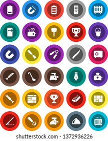 White Solid Icon Set- camping cauldron vector, spatula, ladle, knife, dish, pen, award cup, magnet, gold ingot, safe, hand trainer, consolidated cargo, battery, scalpel, tooth implant, fridge
