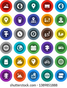 White Solid Icon Set- camping cauldron vector, backpack, compass, school bus, world, bike, signpost, navigator, earth, map pin, Railway carriage, ship, route, globe, mountain