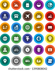 White Solid Icon Set- camping cauldron vector, backpack, compass, school bus, world, bike, signpost, navigator, earth, map pin, Railway carriage, plane, ship, route, globe, mountain