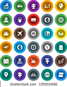 White Solid Icon Set- camping cauldron vector, backpack, compass, school bus, world, bike, signpost, navigator, earth, map pin, Railway carriage, plane, ship, route, globe, mountain