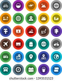 White Solid Icon Set- camping cauldron vector, backpack, compass, school bus, world, bike, signpost, navigator, earth, map pin, Railway carriage, plane, ship, route, globe, mountain