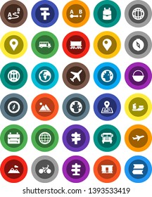 White Solid Icon Set- camping cauldron vector, backpack, compass, school bus, world, bike, signpost, navigator, earth, Railway carriage, plane, ship, route, globe, pin, mountain