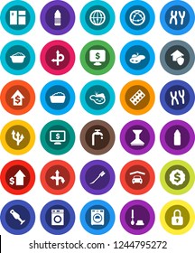 White Solid Icon Set- car fetlock vector, window cleaning, toilet brush, washer, foam basin, blender, dollar growth, medal, monitor, water bottle, route, internet, pills blister, chromosomes, arrow