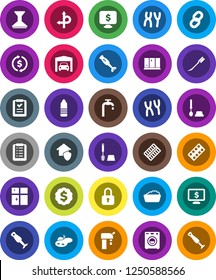 White Solid Icon Set- car fetlock vector, toilet brush, foam basin, shining window, blender, exchange, dollar medal, monitor, water bottle, route, pills blister, chromosomes, chain, pond, supply