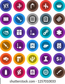 White Solid Icon Set- car fetlock vector, toilet brush, washer, foam basin, shining window, blender, exchange, water bottle, route, internet, ambulance star, gender sign, pills blister, chromosomes