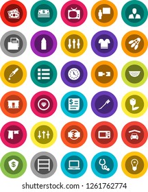 White Solid Icon Set- car fetlock vector, drying clothes, colander, blackboard, notebook pc, t shirt, water bottle, shuttlecock, money, clock, receipt, document, tulip, shelving, Railway carriage
